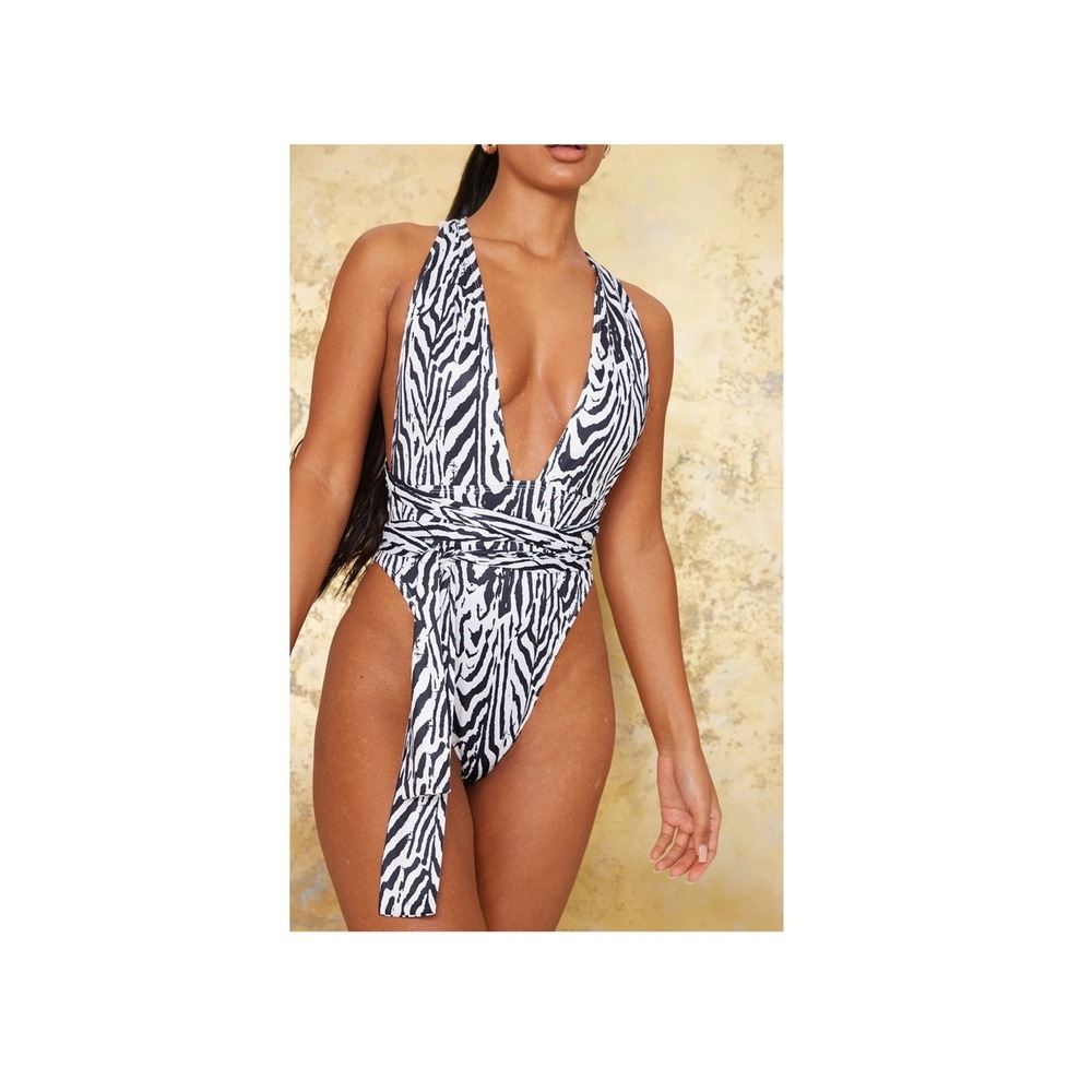 Y2K Zebra One-Piece Swimsuit Multiway Convertible Monokini Bodysuit M 4 6 Baddie